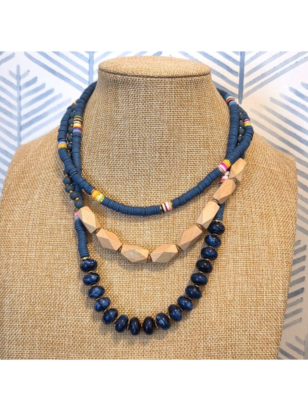 Blue & Natural Wooden Beaded Triple Strand 20" Boho Necklace
